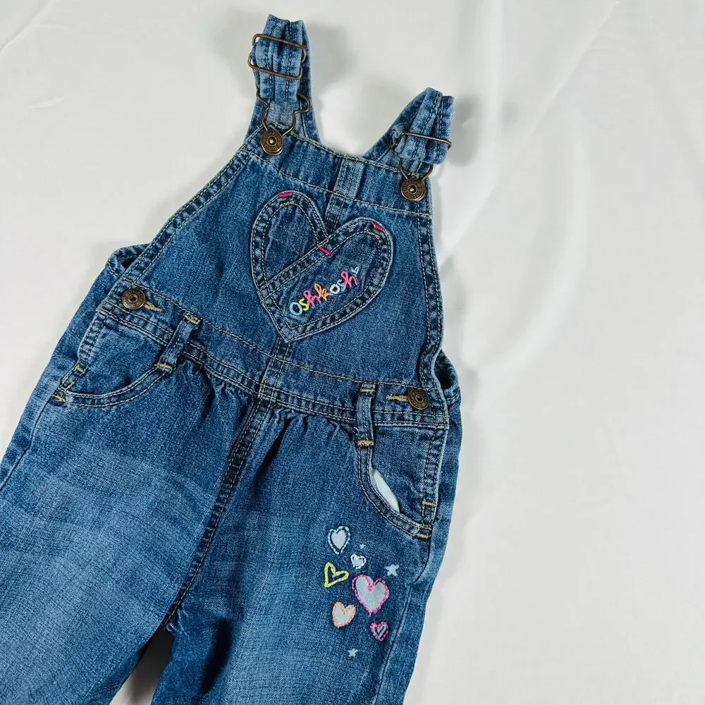 OshKosh B'gosh Embroidered Heart Embellished Denim Overalls Sz 18 mo